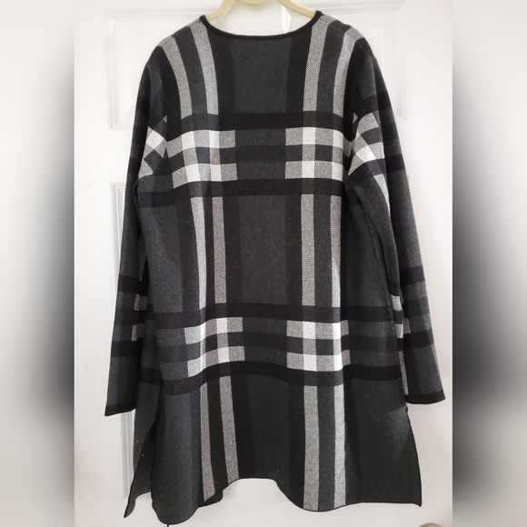 NWOT Anne Klein Open Cardigan B&W dark grey black and white plaid sweater - Picture 2 of 6